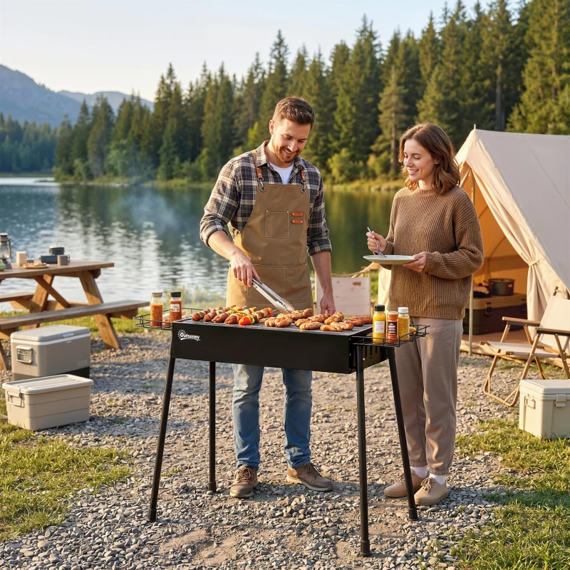 Outsunny Portable BBQ Grill, Charcoal Grill with Side Seasoning Baskets, Hooks and Nets for Outdoor, Picnic, Camping, Black