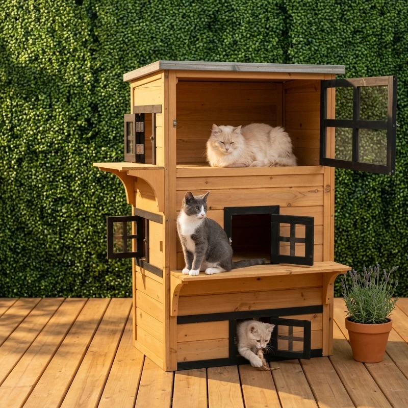 PawHut Outdoor Cat House, 3-Tier Kitty Shelter with 5 Escape Doors, Weather Resistant, Yellow & Black