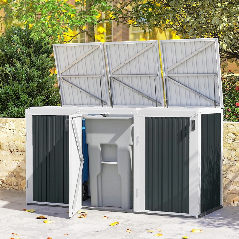 Outsunny Outdoor Storage Shed Rustproof Garbage Bin Shed with Gas Struts Magnetic Doors for 3 Bins White and Grey