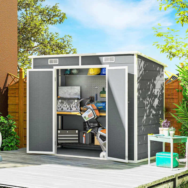 Outsunny 8' x 4' Plastic Outdoor Storage Shed with Floor, Window, Lockable Doors and Vents for Backyard Patio Lawn, Gray