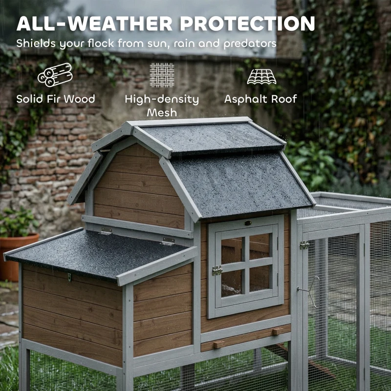 PawHut 71" Chicken Coop for 3 Chickens, Wooden Hen House with Run, Removable Tray, Nesting Box, Waterproof Asphalt Roof