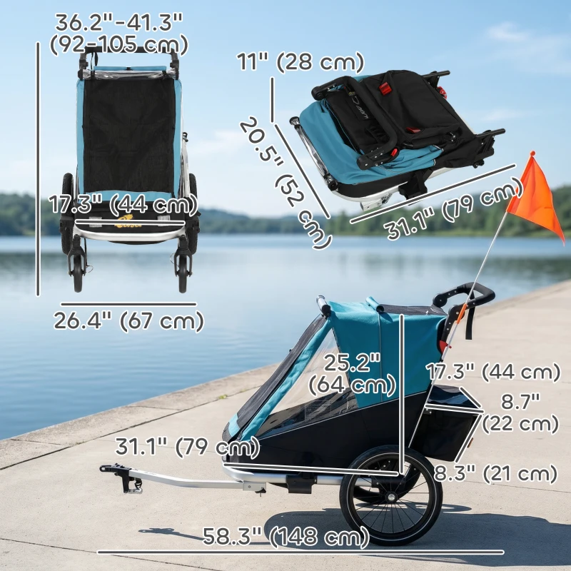 Qaba 3-in-1 Bike Trailer for Kids, Baby Stroller and Jogger, Foldable Child Bicycle Trailer with Reclining Seat, Blue