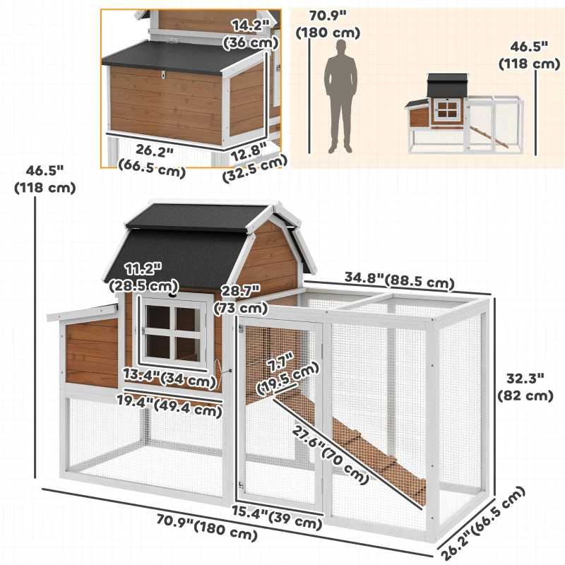 PawHut 71" Chicken Coop for 3 Chickens, Wooden Hen House with Run, Removable Tray, Nesting Box, Waterproof Asphalt Roof