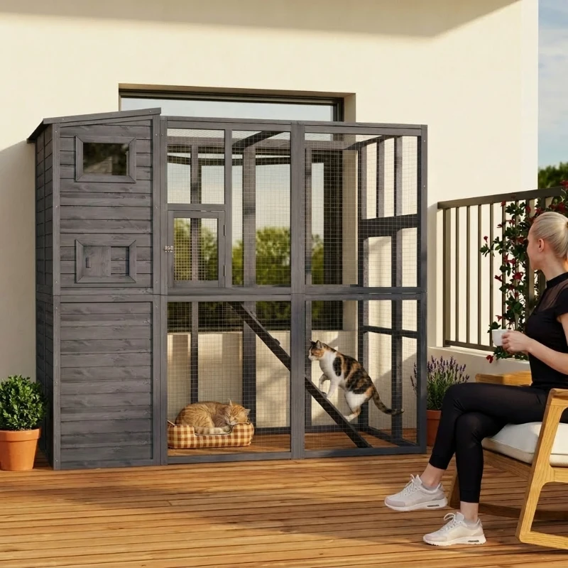 PawHut Wooden Outdoor Catio with Platforms, Asphalt Roof, Ramps, Gray