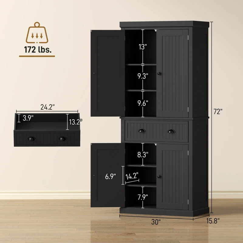 HOMCOM 72" Kitchen Pantry Storage Cabinet, Cupboard with 4 Doors and 3 Adjustable Shelves, Large Central Drawer, Black