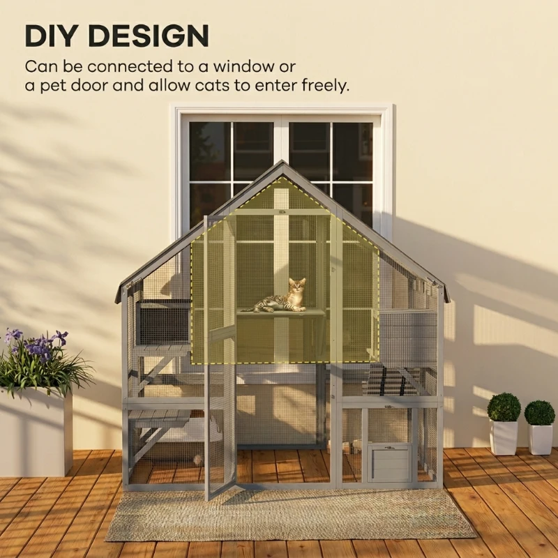 PawHut Wooden Catio Outdoor Cat Enclosure with Waterproof Cover, 2 Condos, 4 Platforms, Bridge, Doors, Gray