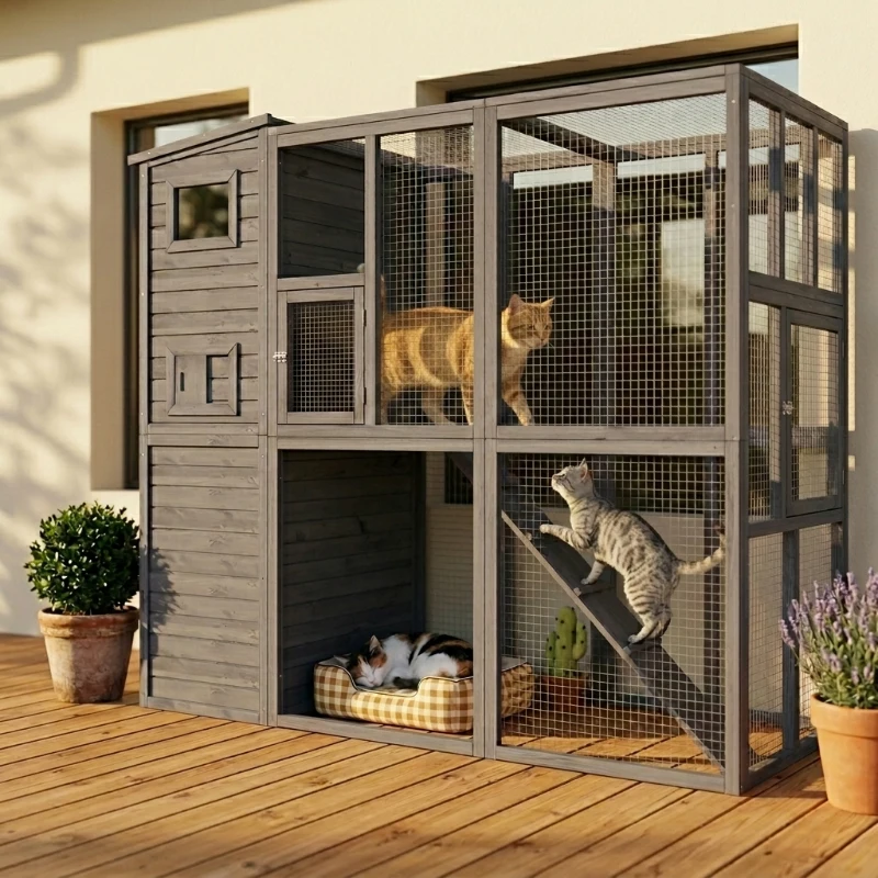 PawHut Wooden Outdoor Catio with Platforms, Asphalt Roof, Ramps, Gray