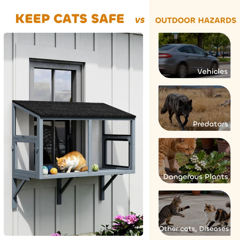 PawHut Catio Outdoor Cat Enclosure Expandable Wooden Cat House with 2 Doors for Window, 39.4"L