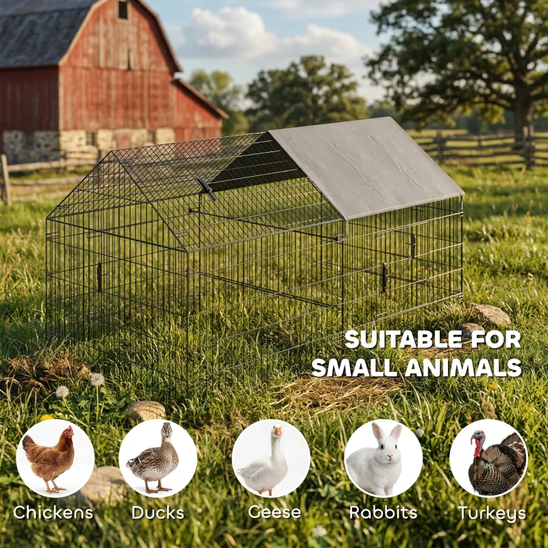 PawHut Metal Chicken Coop, Large Chicken Run with Water-Resistant & Anti-UV Cover for 2-3 Hens, Outdoor Hen House with 4 Doors