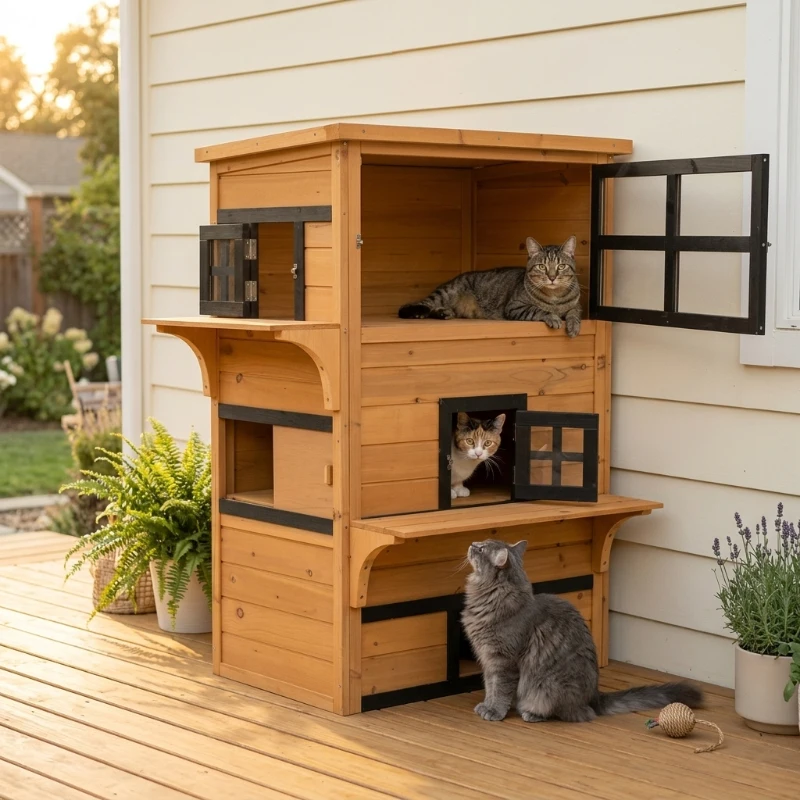 PawHut Outdoor Cat House, 3-Tier Kitty Shelter with 5 Escape Doors, Weather Resistant, Yellow & Black