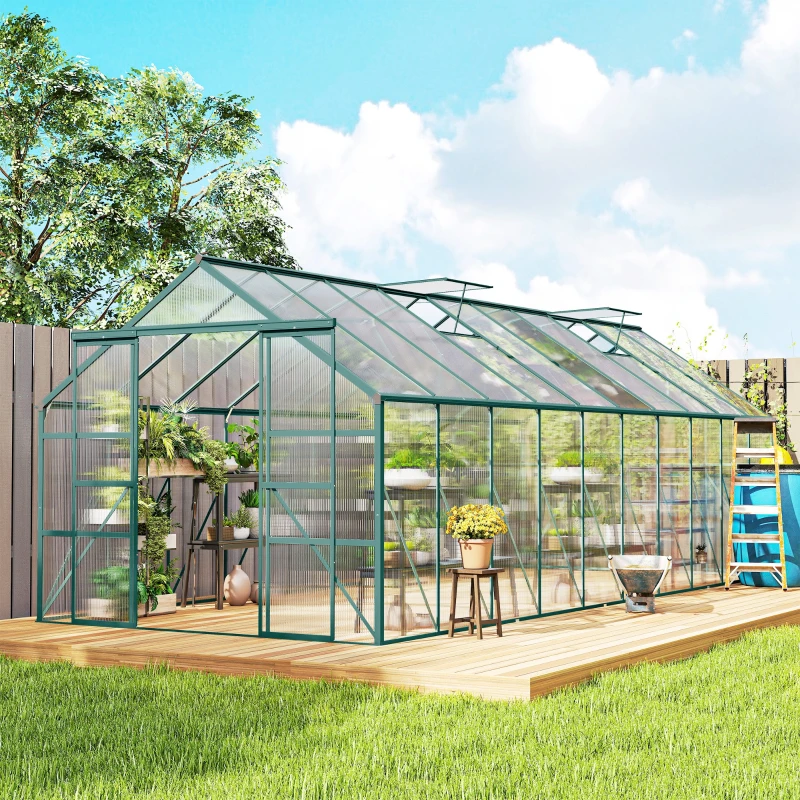 Outsunny Aluminum Greenhouse Polycarbonate Walk-in Garden Greenhouse Kit with Rain Gutter and Sliding Door, 20' x 8', Green