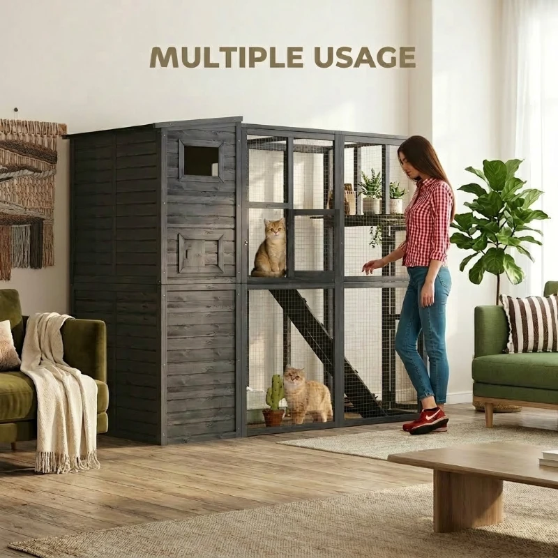 PawHut Wooden Outdoor Catio with Platforms, Asphalt Roof, Ramps, Gray
