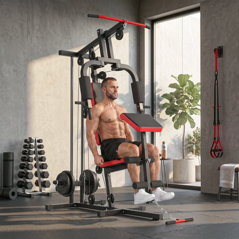 Soozier Home Gym Equipment, Multifunctional Weight Machine with Pulley System for Full Body Strength Training, Black
