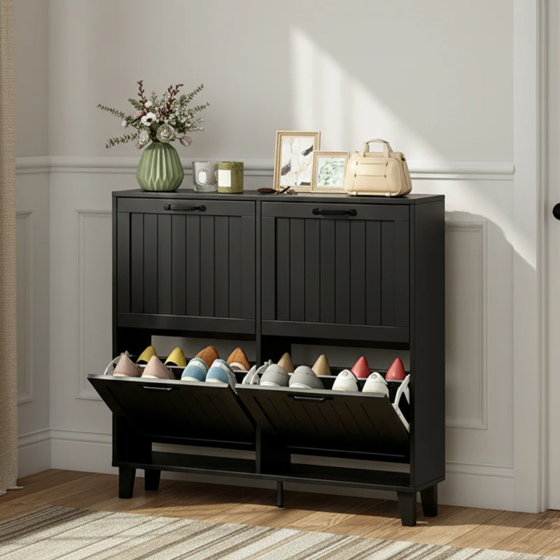 HOMCOM Shoe Cabinet with 4 Flip Drawers, Freestanding Narrow Shoe Storage Cabinet with Adjustable Shelves, Open Back, Black