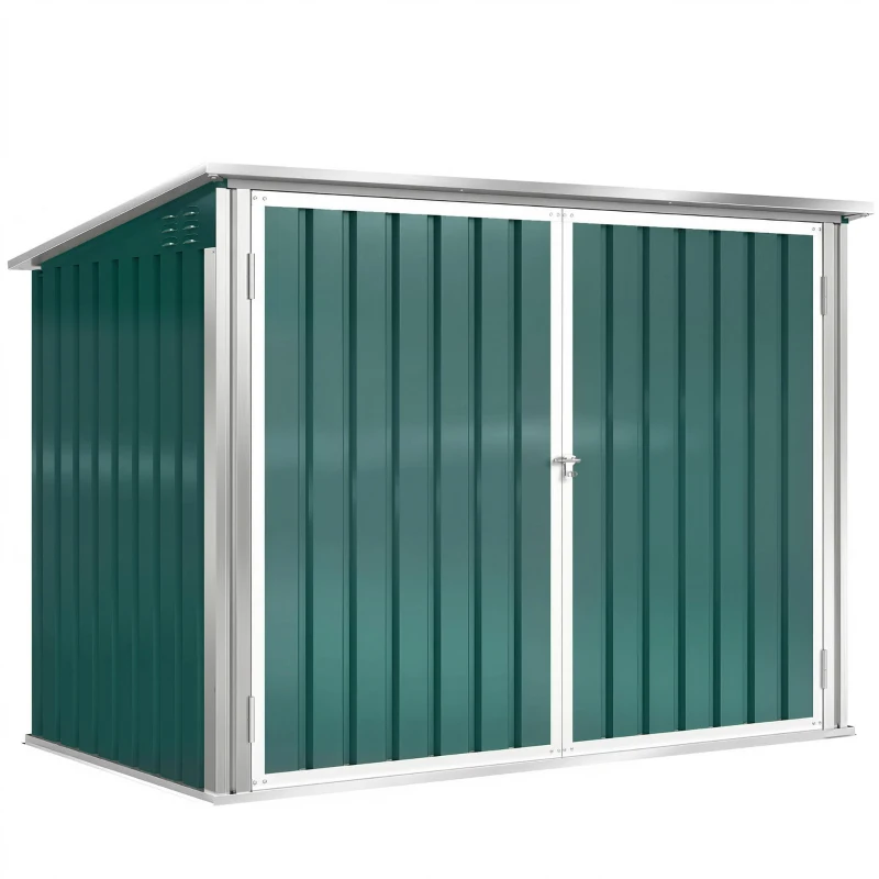 Outsunny Outdoor Steel Wheelie Trash Can, Storage Shed With Double Door & Lid Rubbish Cover for 2 Trash Cans
