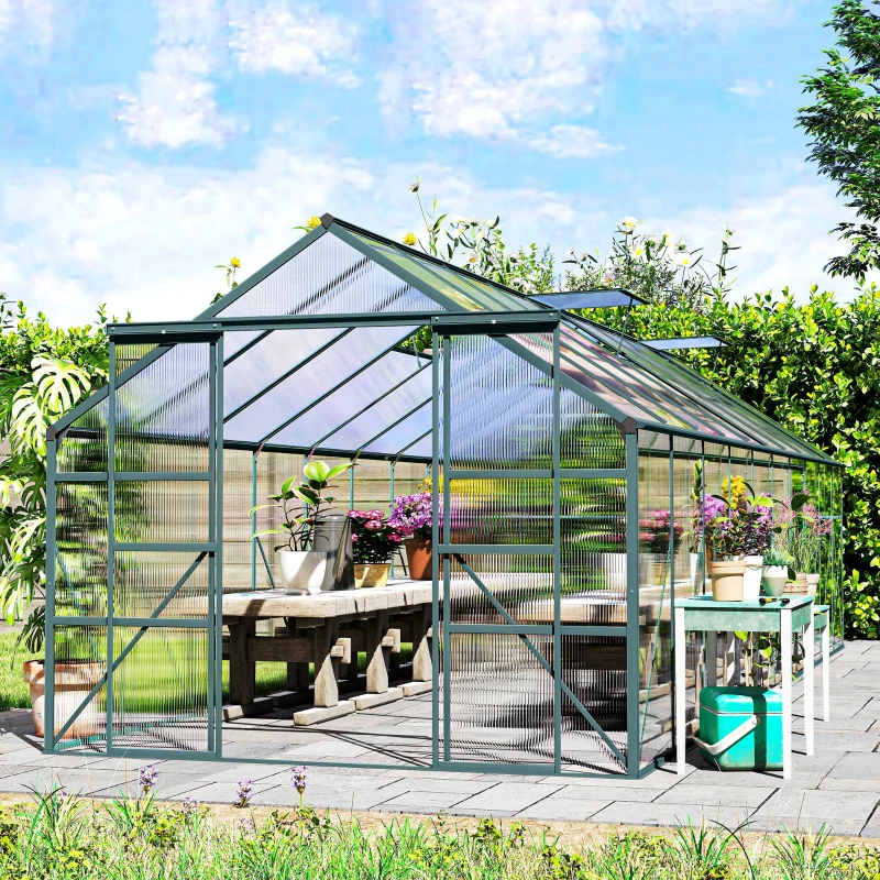 Outsunny Aluminum Greenhouse Polycarbonate Walk-in Garden Greenhouse Kit with Rain Gutter and Sliding Door, 20' x 8', Green