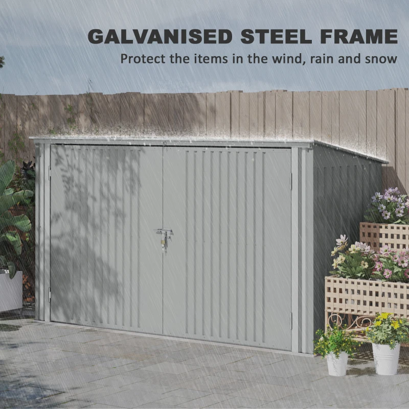 Outsunny 7.6 x 3.4ft Outdoor Storage Shed, 3 Garbage Bin Shed Organizer with Lockable Double Doors, Openable Lid, Silver Grey