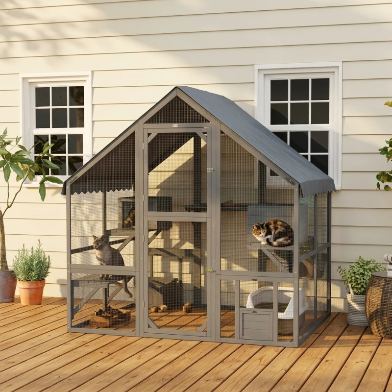 PawHut Wooden Catio Outdoor Cat Enclosure with Waterproof Cover, 2 Condos, 4 Platforms, Bridge, Doors, Gray
