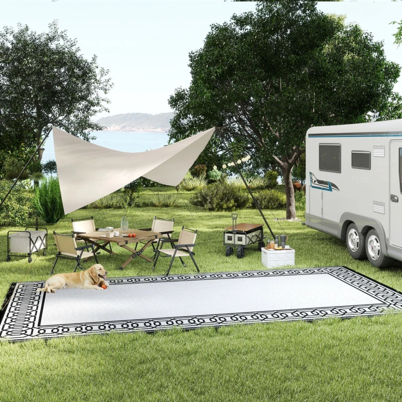 Outsunny RV Mat, Outdoor Patio Rug / Large Camping Carpet, 9' x 18', Waterproof Plastic Straw, Reversible, Black & Gray Border