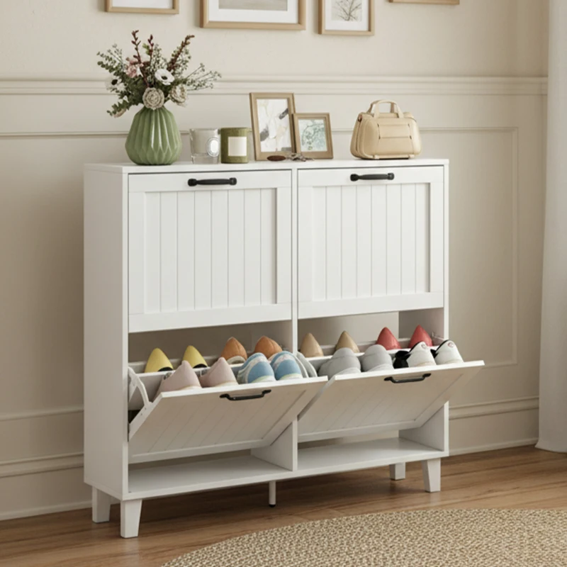 HOMCOM Shoe Cabinet with 4 Flip Drawers, Freestanding Narrow Shoe Storage Cabinet with Adjustable Shelves, Open Back, White
