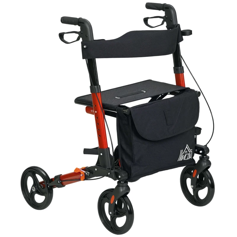 HOMCOM Rollator for Seniors with Seat, Back, Cane Holder, Aluminium Folding Rolling Walker with Adjustable Handle, Bag, Red