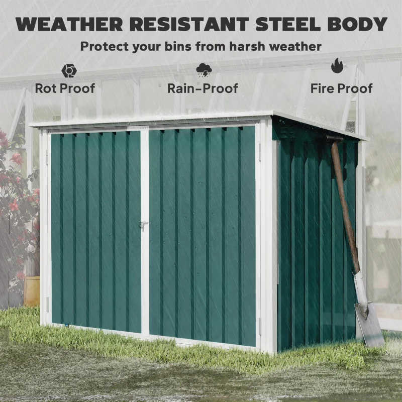 Outsunny Outdoor Steel Wheelie Trash Can, Storage Shed With Double Door & Lid Rubbish Cover for 2 Trash Cans