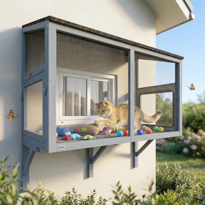 PawHut Catio Outdoor Cat Enclosure Expandable Wooden Cat House with 2 Doors for Window, 39.4"L