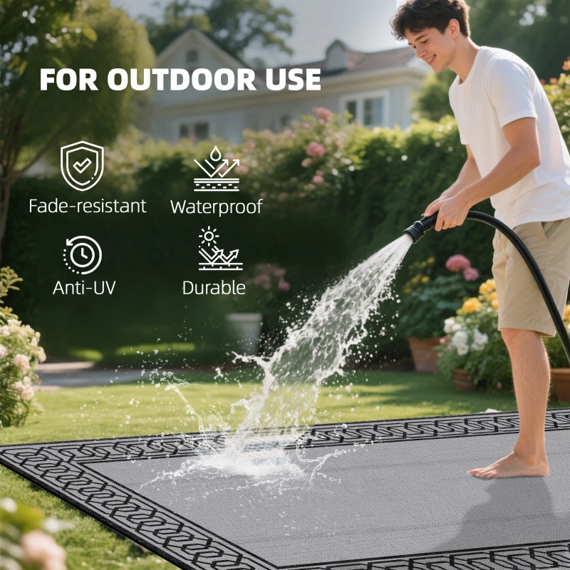 Outsunny RV Mat, Outdoor Patio Rug / Large Camping Carpet, 9' x 18', Waterproof Plastic Straw, Reversible, Black & Gray Border