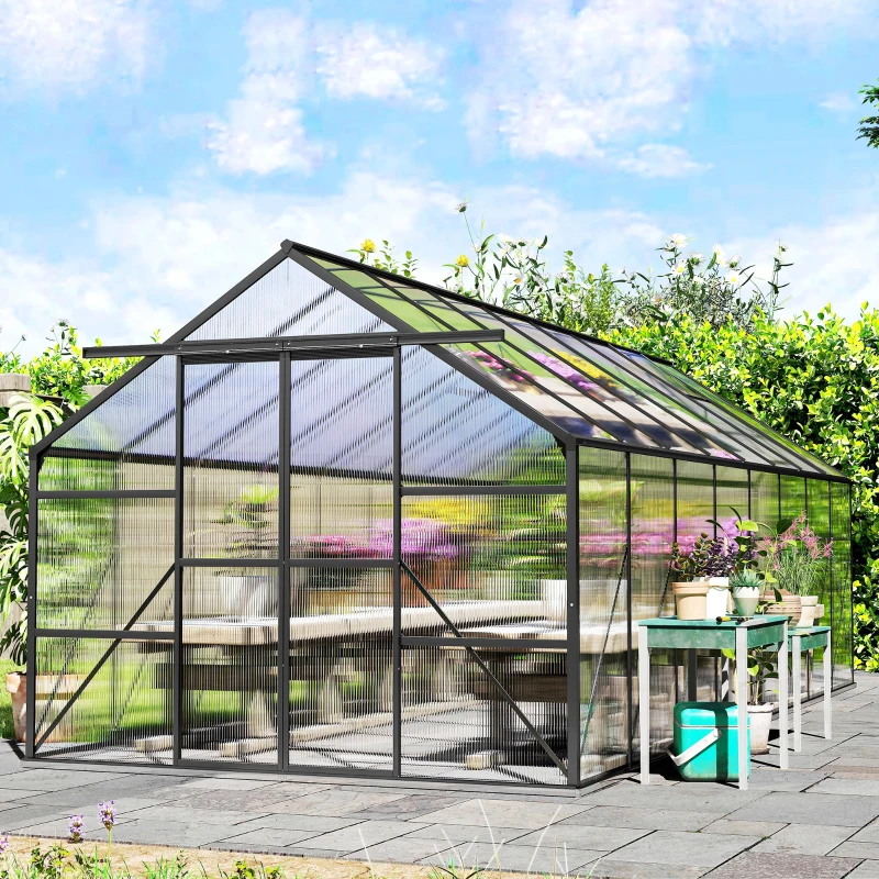 Outsunny Aluminum Greenhouse Polycarbonate Walk-in Garden Greenhouse Kit with Rain Gutter and Sliding Door, 16' x 8', Dark Grey