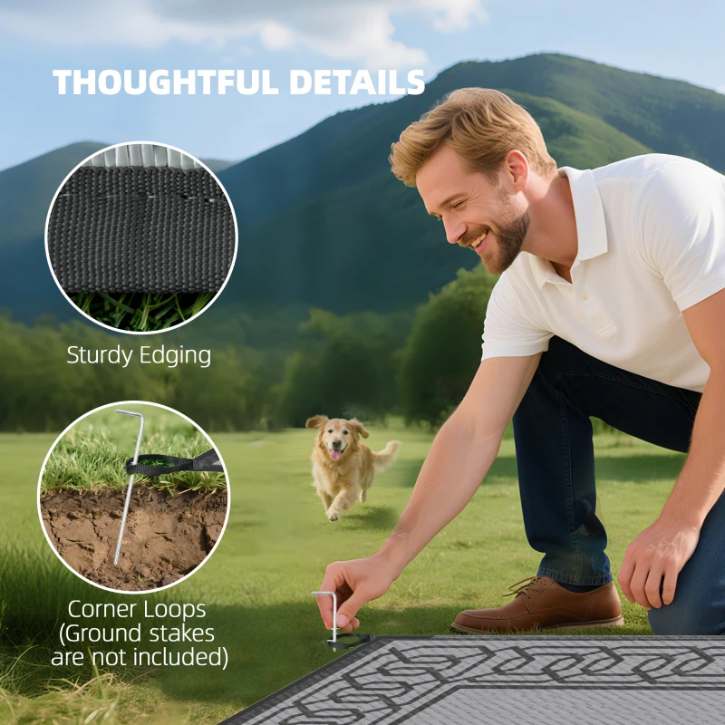 Outsunny RV Mat, Outdoor Patio Rug / Large Camping Carpet, 9' x 18', Waterproof Plastic Straw, Reversible, Black & Gray Border