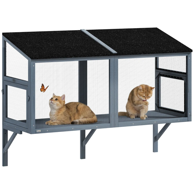 PawHut Catio Outdoor Cat Enclosure Expandable Wooden Cat House with 2 Doors for Window, 51.2"L