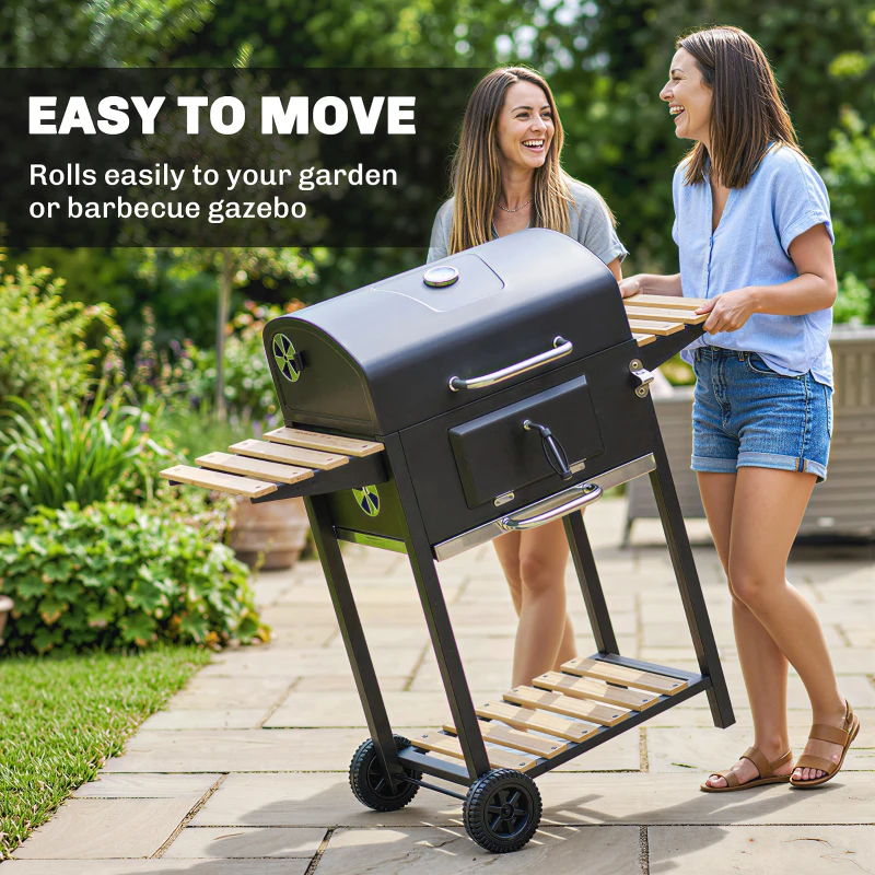 Outsunny 20" Charcoal BBQ Grill Barbecue on Wheels with Adjustable Charcoal Pan, Spacious Cooking Area, 3 Shelves, Thermometer