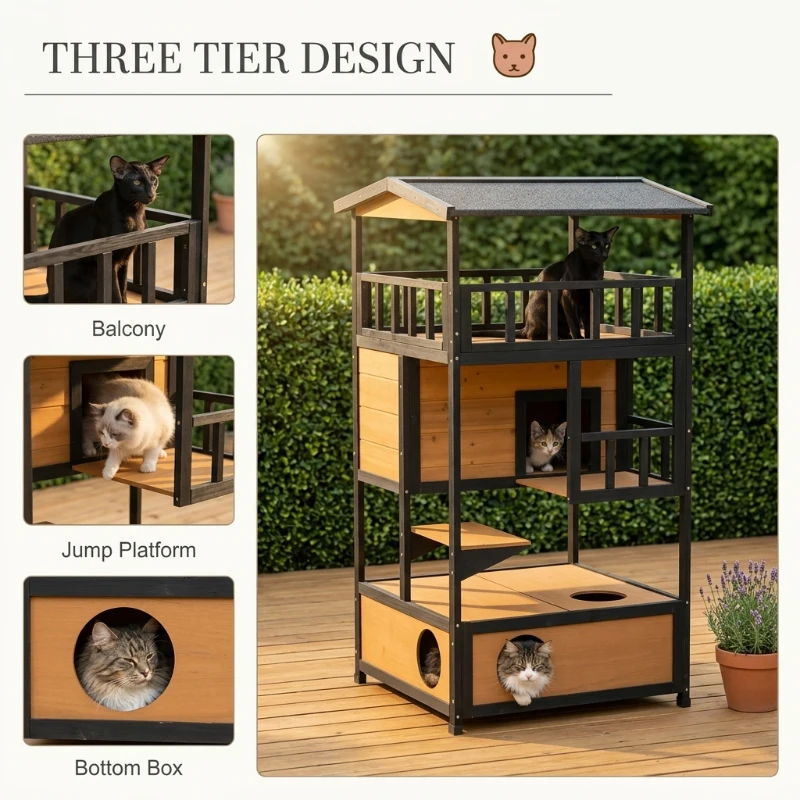 PawHut Wooden Outdoor Cat House, Feral Cat Shelter Kitten Condo with Asphalt Roof, Escape Doors, Condo, Jumping Platform, Yellow