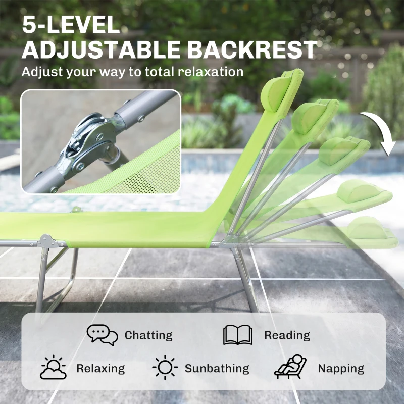 Outsunny Folding Chaise Lounge Pool Chairs, Outdoor Sun Tanning Chairs with Pillow, Reclining Back, Steel Frame & Breathable Mesh for Beach, Yard, Patio,  Green