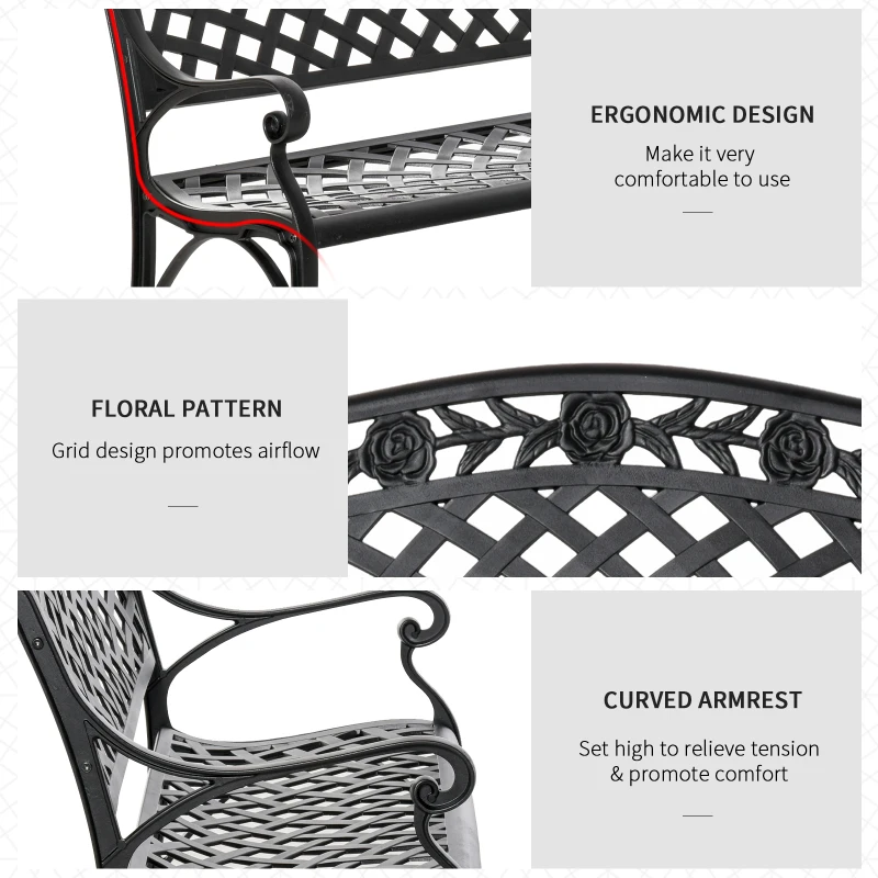 Outsunny Outdoor Garden Bench, 40" Patio Bench with Aluminum Frame and Armrests, 2-Person Patio Loveseat with Floral Pattern for Park, Porch, Yard, Lawn, 485 LBS Capacity