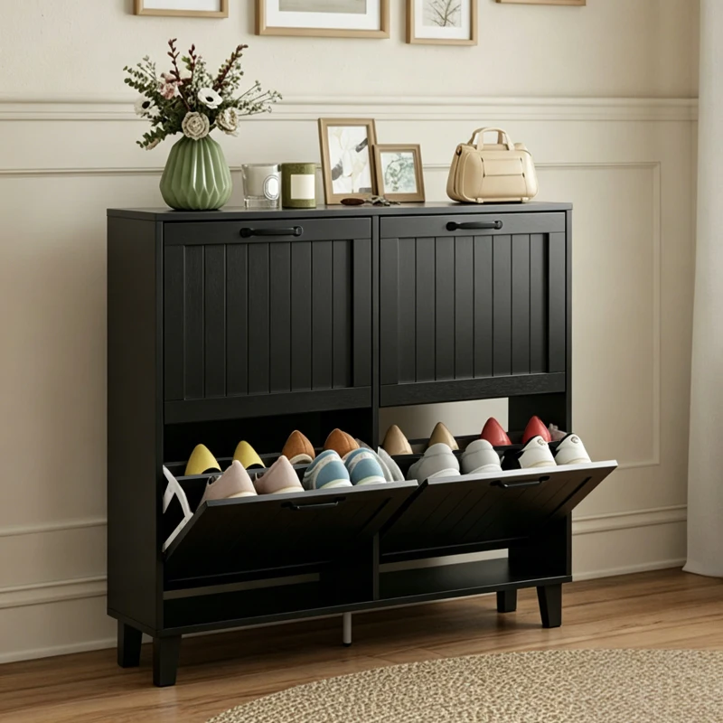 HOMCOM Shoe Cabinet with 4 Flip Drawers, Freestanding Narrow Shoe Storage Cabinet with Adjustable Shelves, Open Back, Black