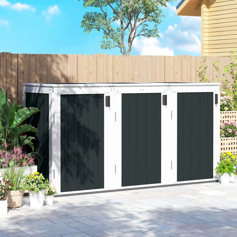 Outsunny Outdoor Storage Shed Rustproof Garbage Bin Shed with Gas Struts Magnetic Doors for 3 Bins White and Grey