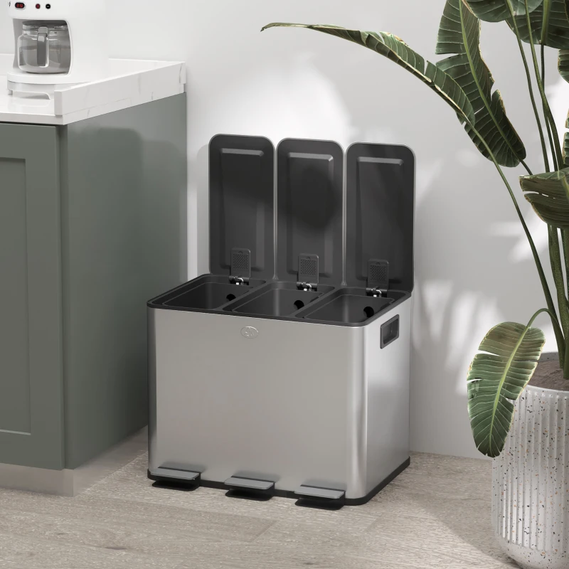 HOMCOM Triple Garbage Bin, Soft-Close Trash Can with Foot Pedal, 3 x 20 Liter Garbage Can with Removable Inner Buckets, Silver