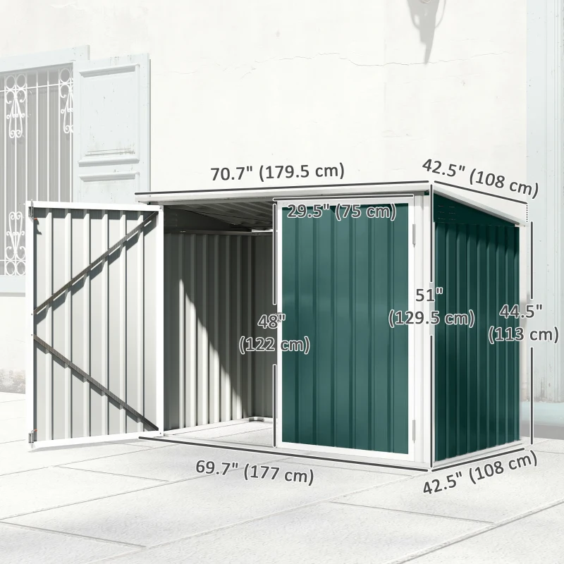 Outsunny Outdoor Steel Wheelie Trash Can, Storage Shed With Double Door & Lid Rubbish Cover for 2 Trash Cans