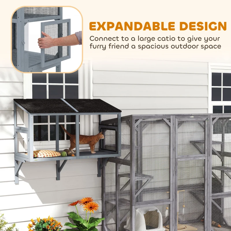 PawHut Catio Outdoor Cat Enclosure Expandable Wooden Cat House with 2 Doors for Window, 51.2"L