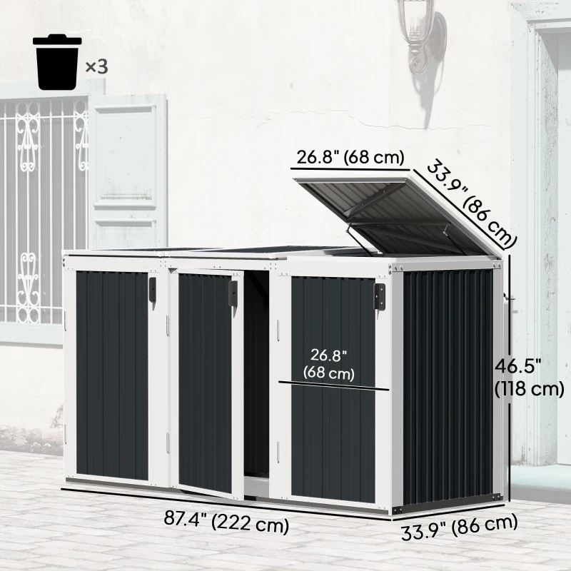 Outsunny Outdoor Storage Shed Rustproof Garbage Bin Shed with Gas Struts Magnetic Doors for 3 Bins White and Grey