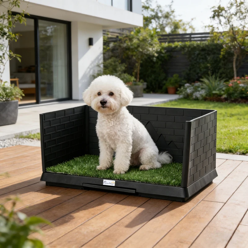 PawHut Dog Grass Pad with High Walls and Tray, Indoor Potty Tray for Puppy Training, Pee Pad Holder with Artificial Grass