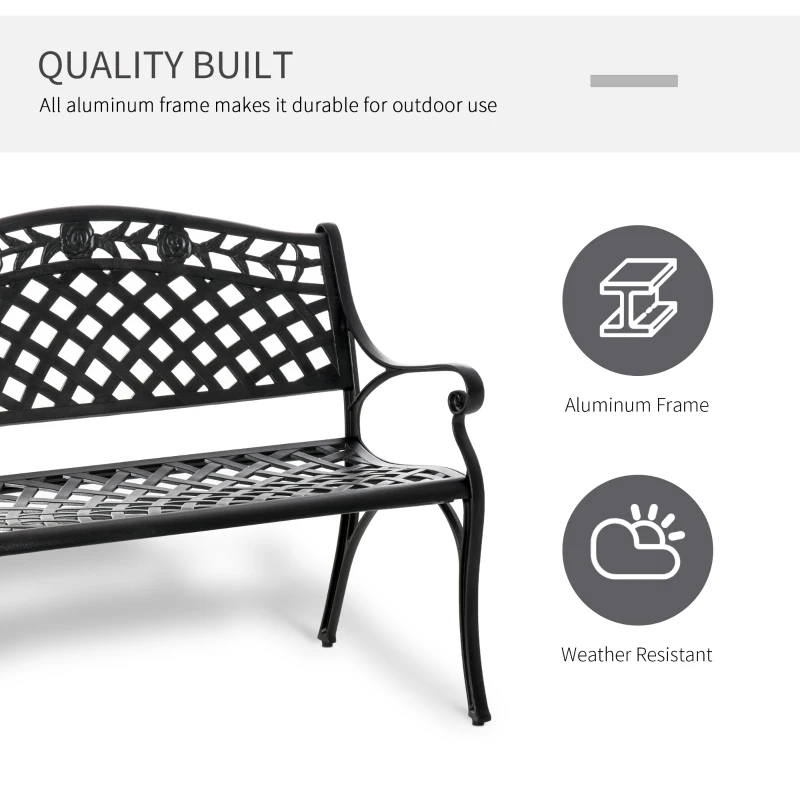 Outsunny Outdoor Garden Bench, 40" Patio Bench with Aluminum Frame and Armrests, 2-Person Patio Loveseat with Floral Pattern for Park, Porch, Yard, Lawn, 485 LBS Capacity