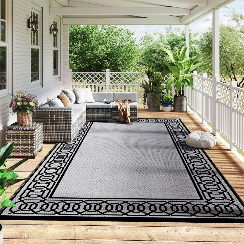 Outsunny RV Mat, Outdoor Patio Rug / Large Camping Carpet, 9' x 18', Waterproof Plastic Straw, Reversible, Black & Gray Border