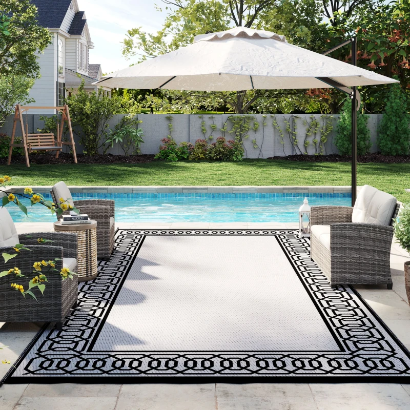 Outsunny RV Mat, Outdoor Patio Rug / Large Camping Carpet, 9' x 18', Waterproof Plastic Straw, Reversible, Black & Gray Border