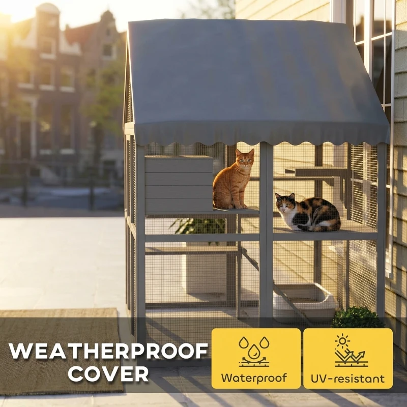 PawHut Wooden Catio Outdoor Cat Enclosure with Waterproof Cover, 2 Condos, 4 Platforms, Bridge, Doors, Gray