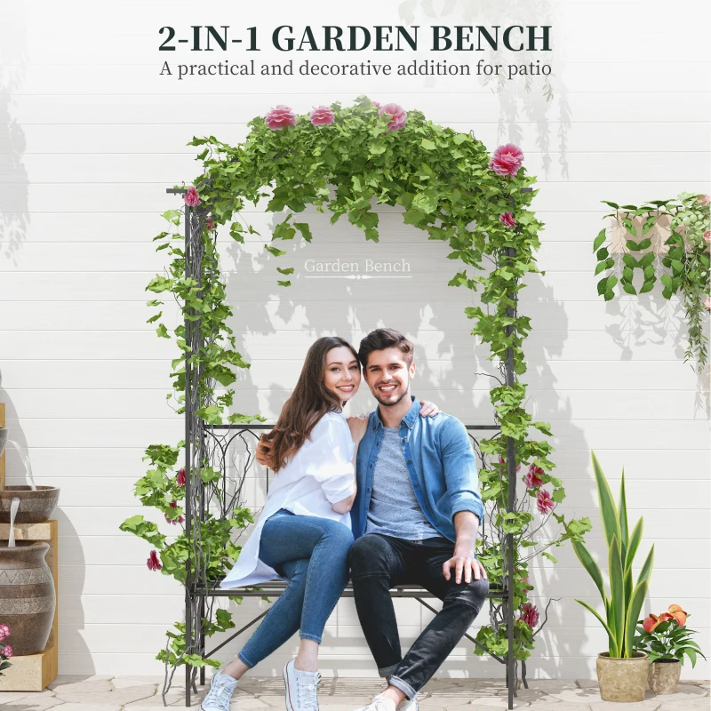 Outsunny 80" Tall Fairy Garden Arbor Arch with Bench Metal Outdoor Plant Climbing Support Trellis with 2 Seater Bench for Rose Vines Black