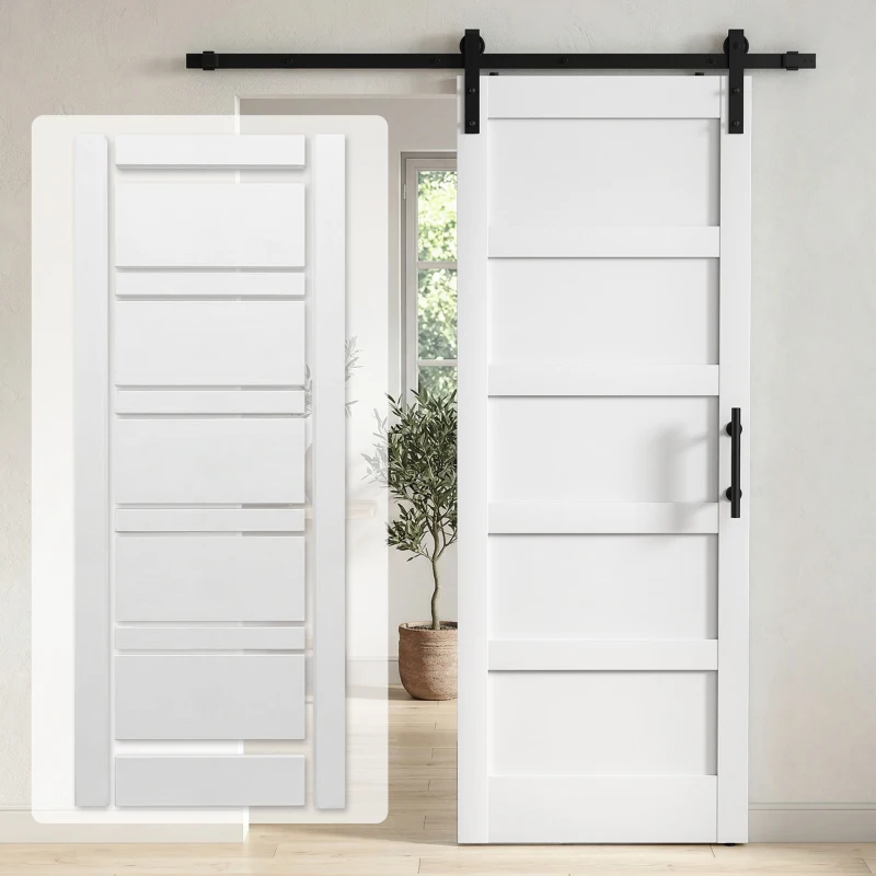 HOMCOM 32"x84" Sliding Barn Door with Hardware Kit, Shaker Style Sliding Door with Handle, Track, Floor Guide, White Wood Grain