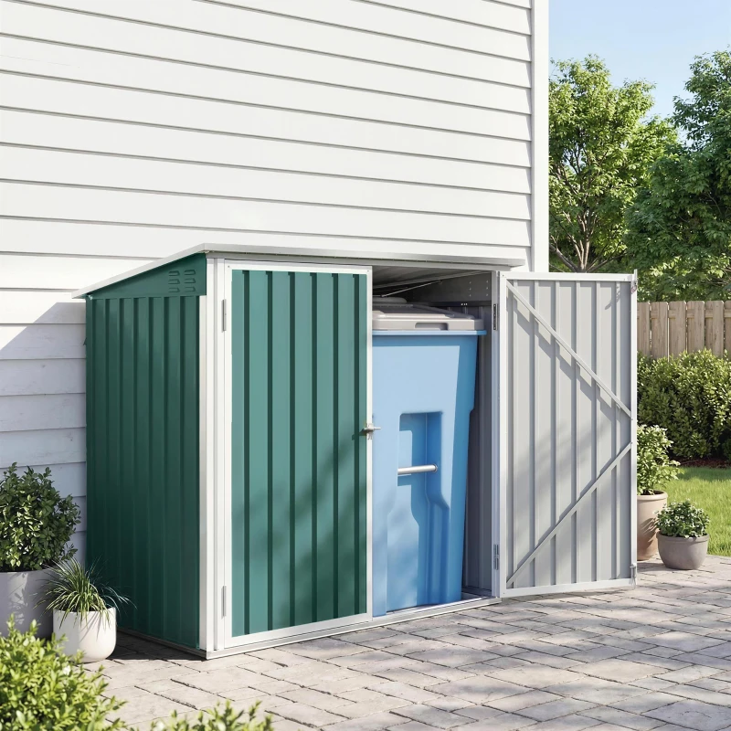 Outsunny Outdoor Steel Wheelie Trash Can, Storage Shed With Double Door & Lid Rubbish Cover for 2 Trash Cans