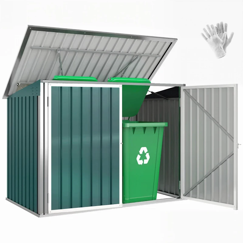 Outsunny Outdoor Steel Wheelie Trash Can, Storage Shed With Double Door & Lid Rubbish Cover for 2 Trash Cans